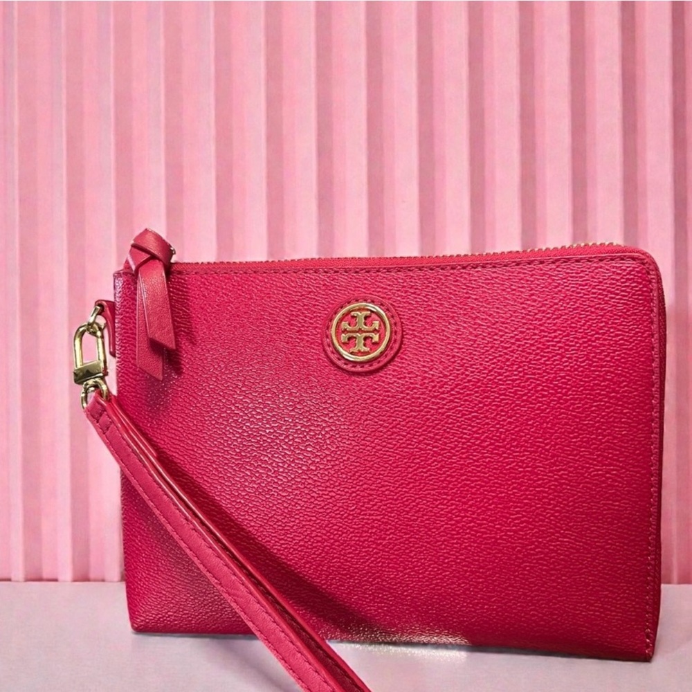 Tory Burch Hot Pink Leather Wristlet Clutch with Gold Logo